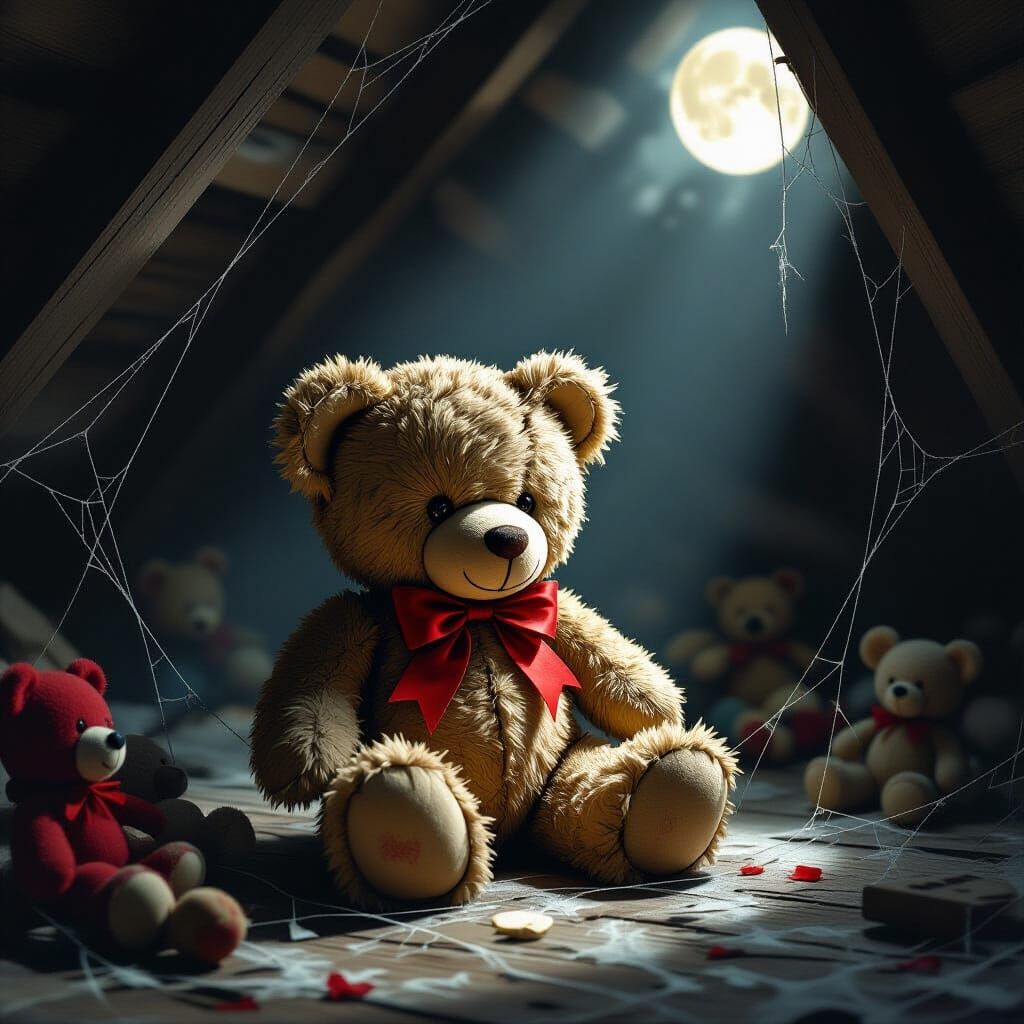 Tattered Teddy Bear in Dusty Attic Moonlight Scene