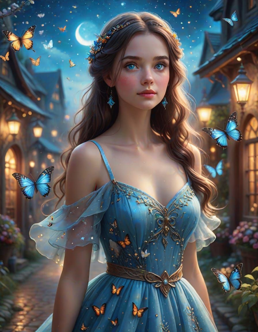 Hyper-Realistic Nighttime Goddess with Shimmering Butterflie...