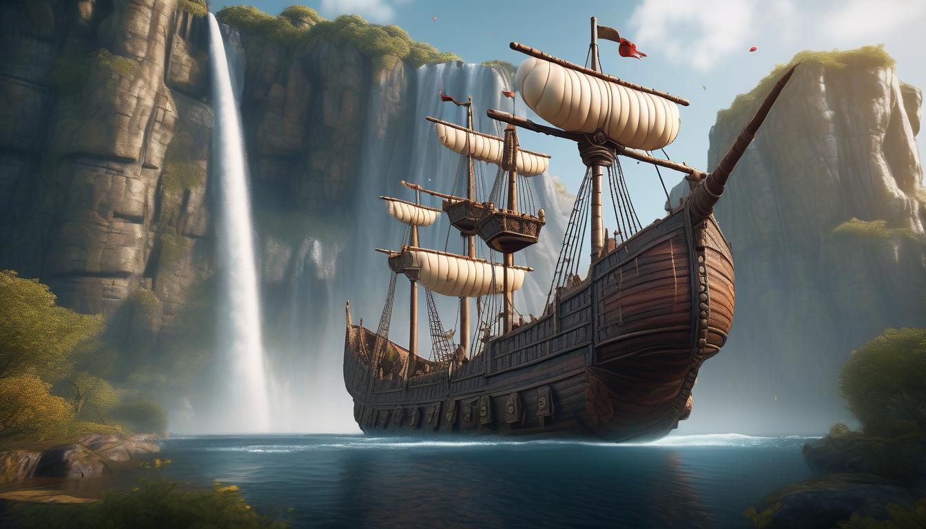 Fantastical Medieval Airship Near Waterfall in Detailed Pain...