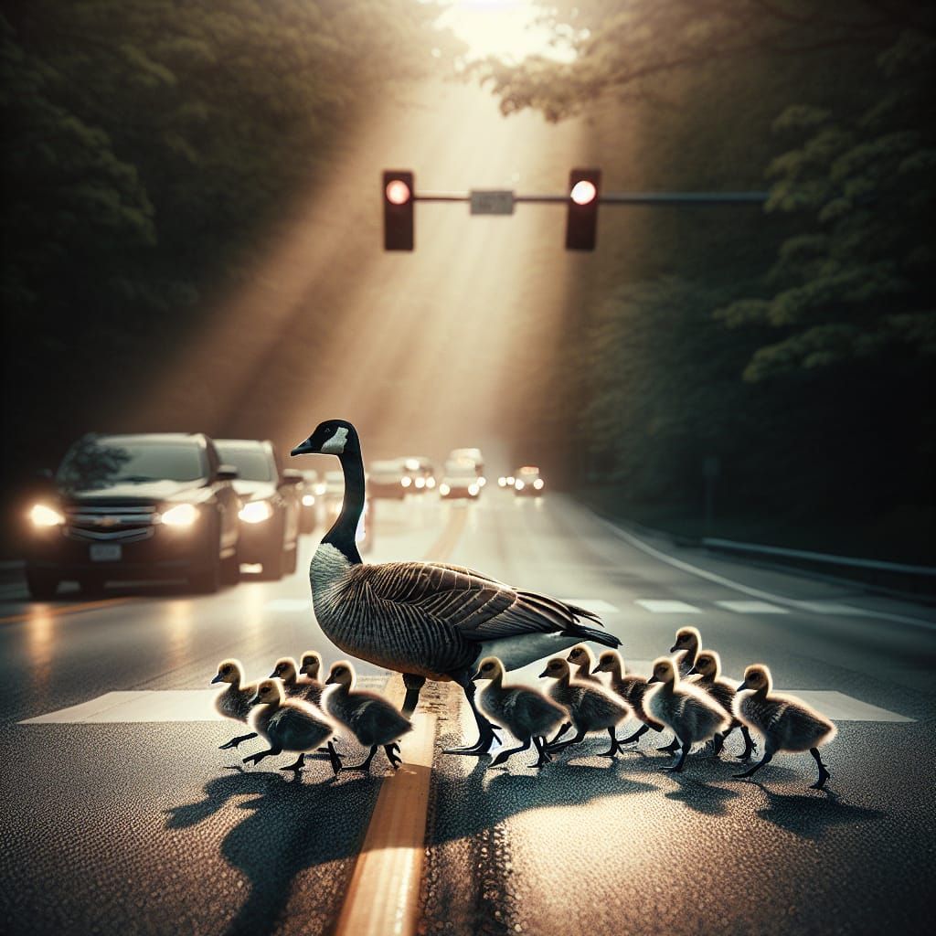 Mother Goose Leads Her Gossling Brood Across the Road in a H...
