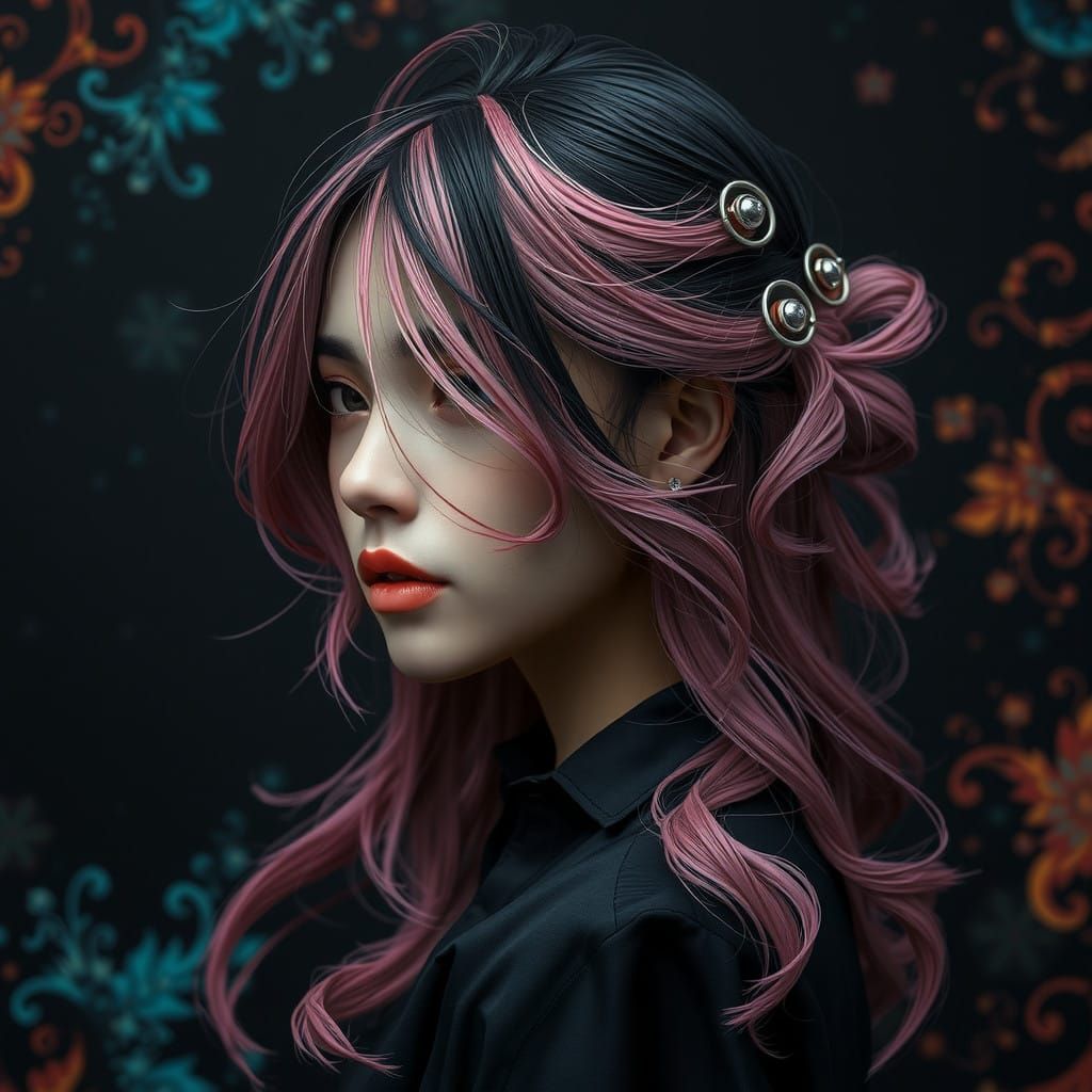 Woman in Mystical Black-Pink Hair, Silver Clips, and Dreamli...
