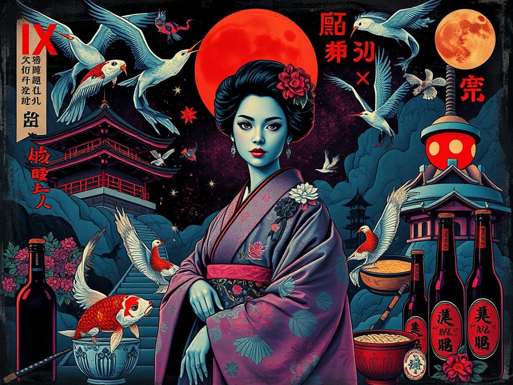 Japanese Kimono Woman in Surreal Noir Poster Style