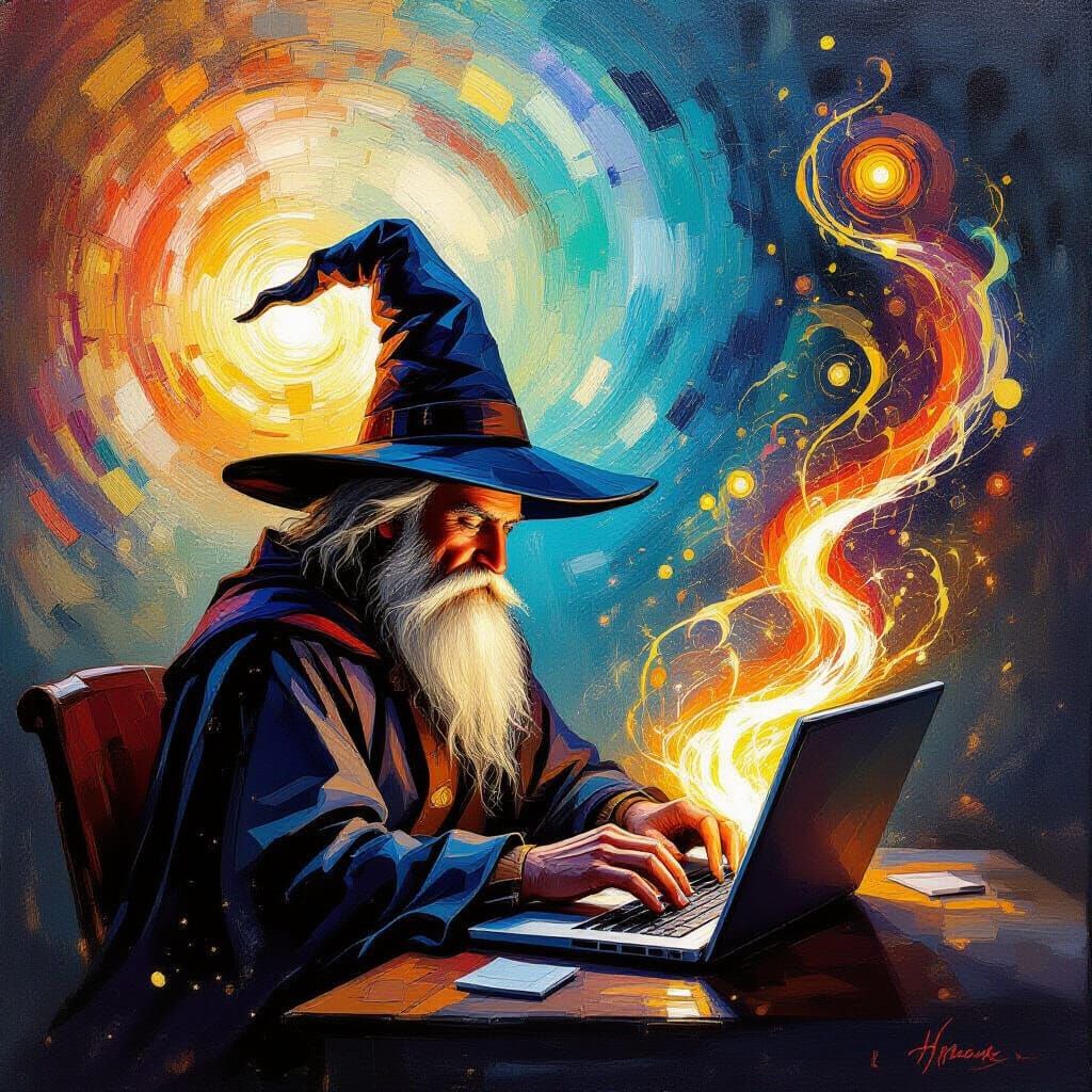 Wizard Typing Magic Symbols on Laptop in Oil Painting Style