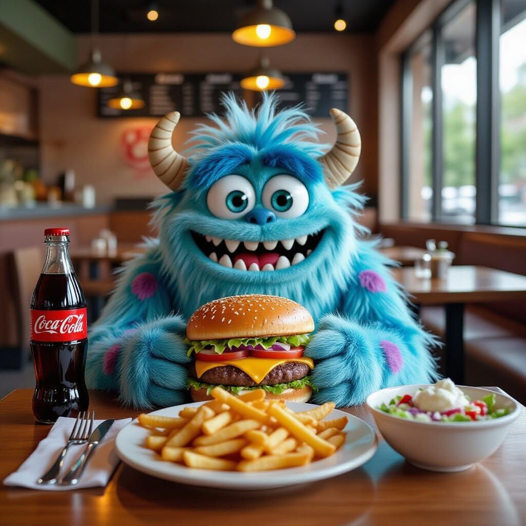 Cute Monster Enjoying Burger and Fries in Restaurant