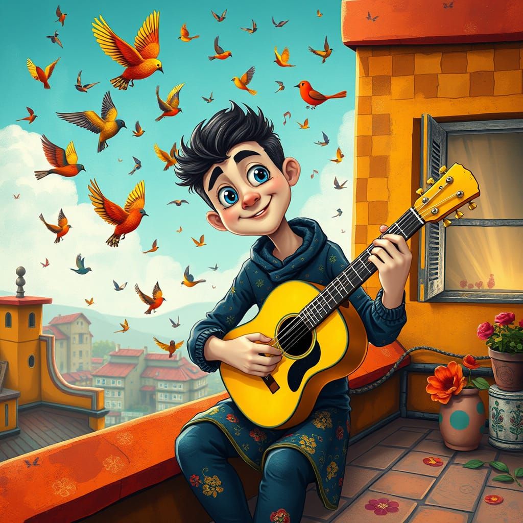 multicoloured note murmuration, colourful colours, cartoon, zen, romantic, smile, blue eyes, full length, mein lieber, b...