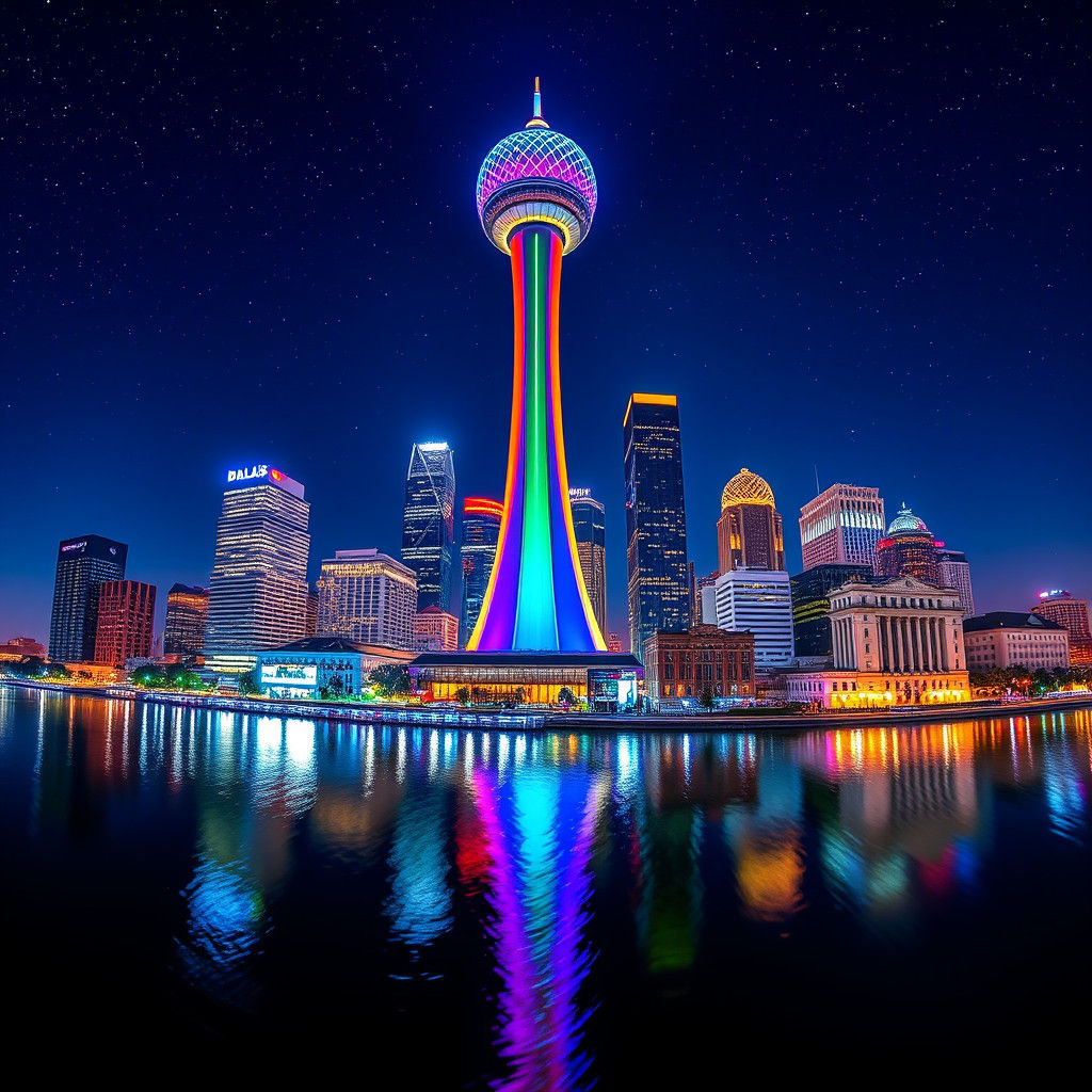 A detailed nighttime view of the skyline .