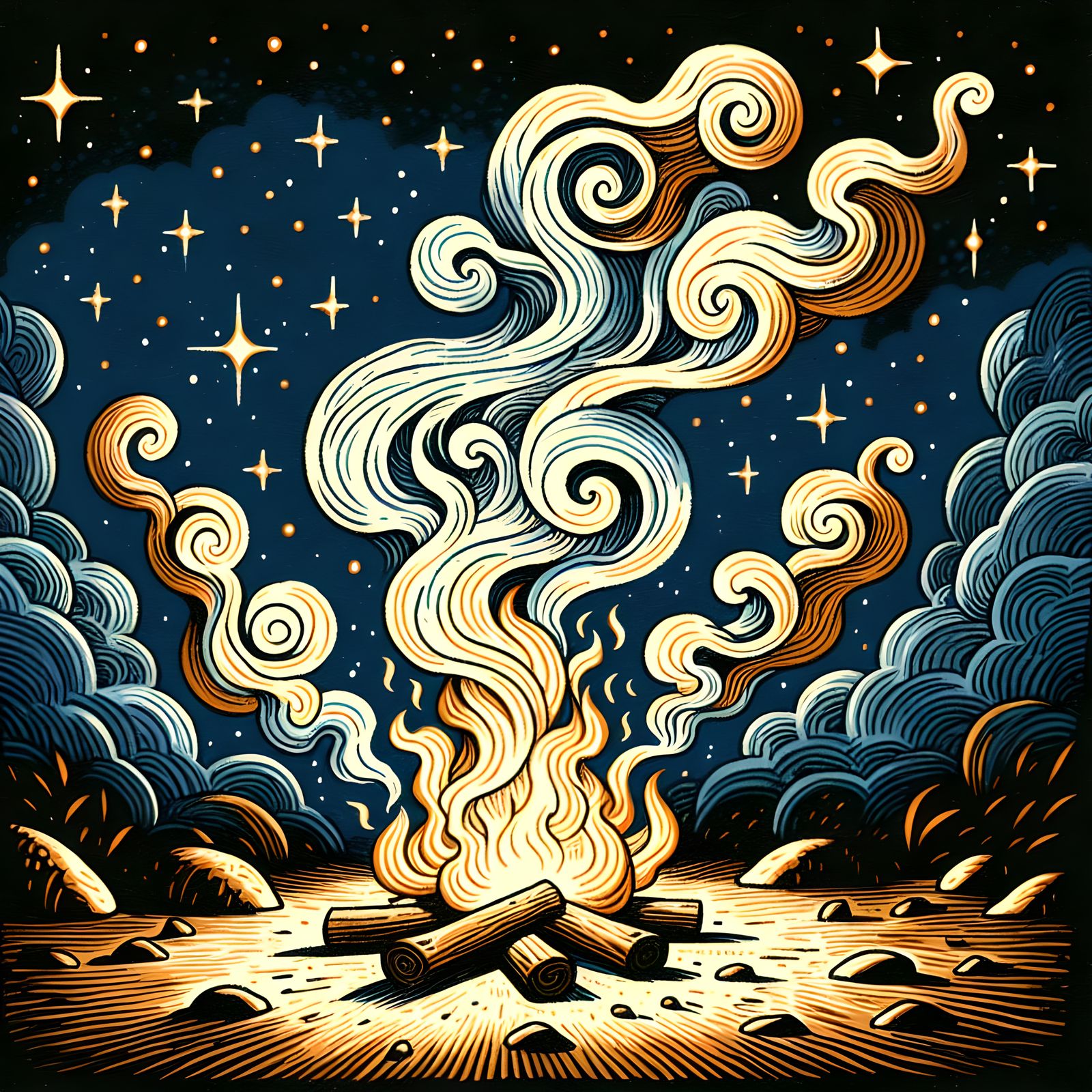 Cartoon Campfire Under a Starry Night Sky
