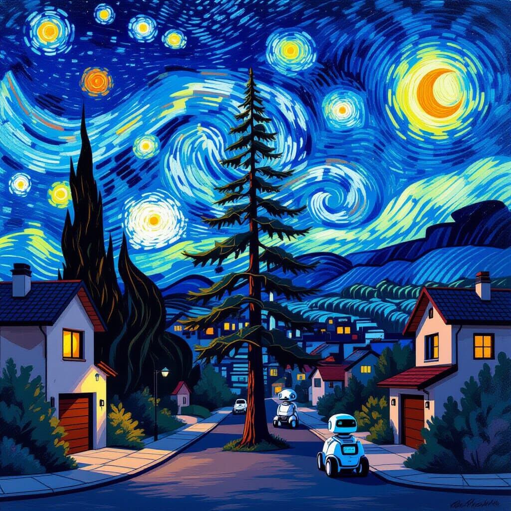 Pine Tree, Modern Houses, and Robots Under Starry Night