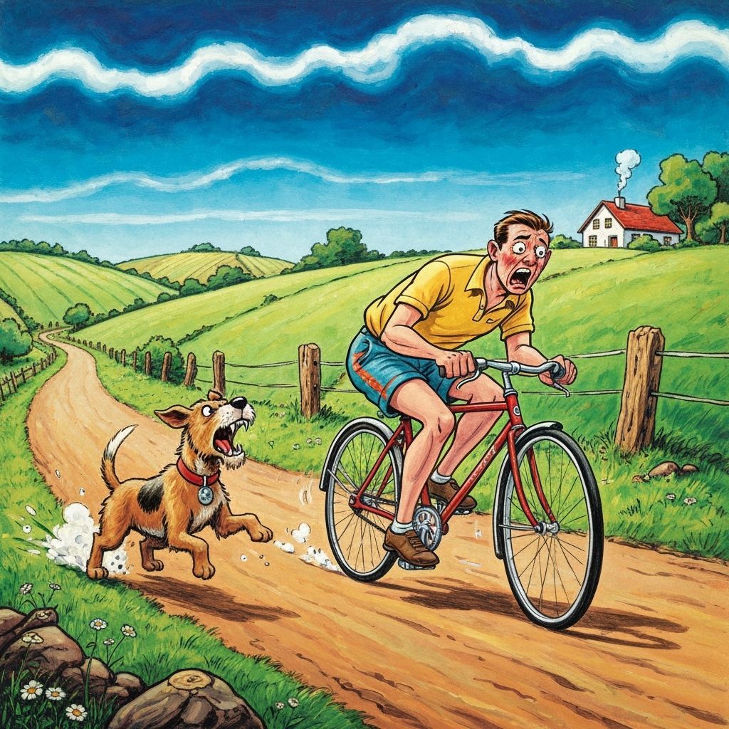 Cartoon Cyclist Chased by Angry Terrier in Rural Landscape