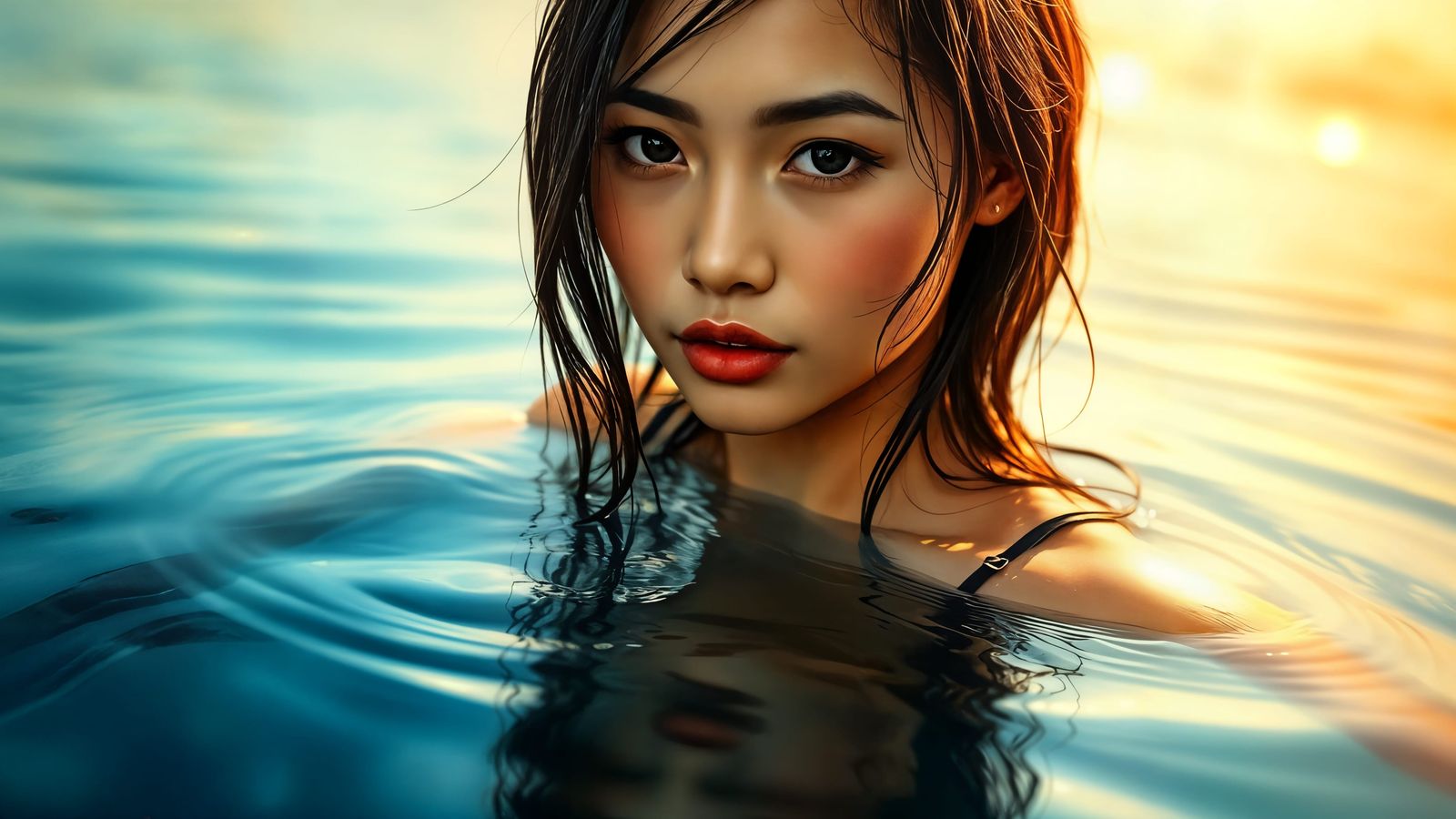 Serene Vietnamese Woman Reflecting in Water: Oil Painting