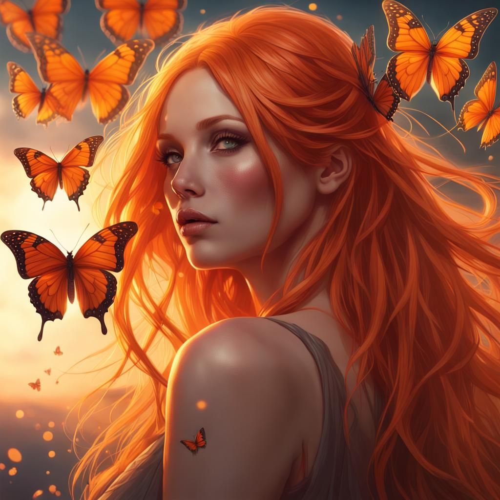 Orange Haired Woman with Butterflies, Dramatic Lighting