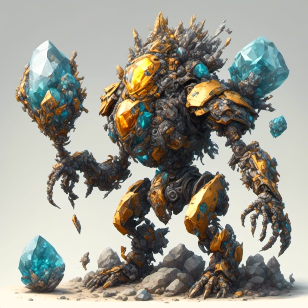 Hyperreal Crystalline Mechanical Golem in Dynamic Pose