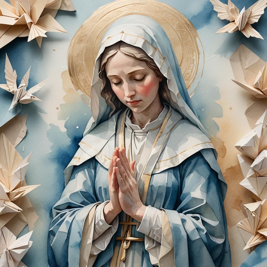Saint Mary Praying in Watercolor Origami Style