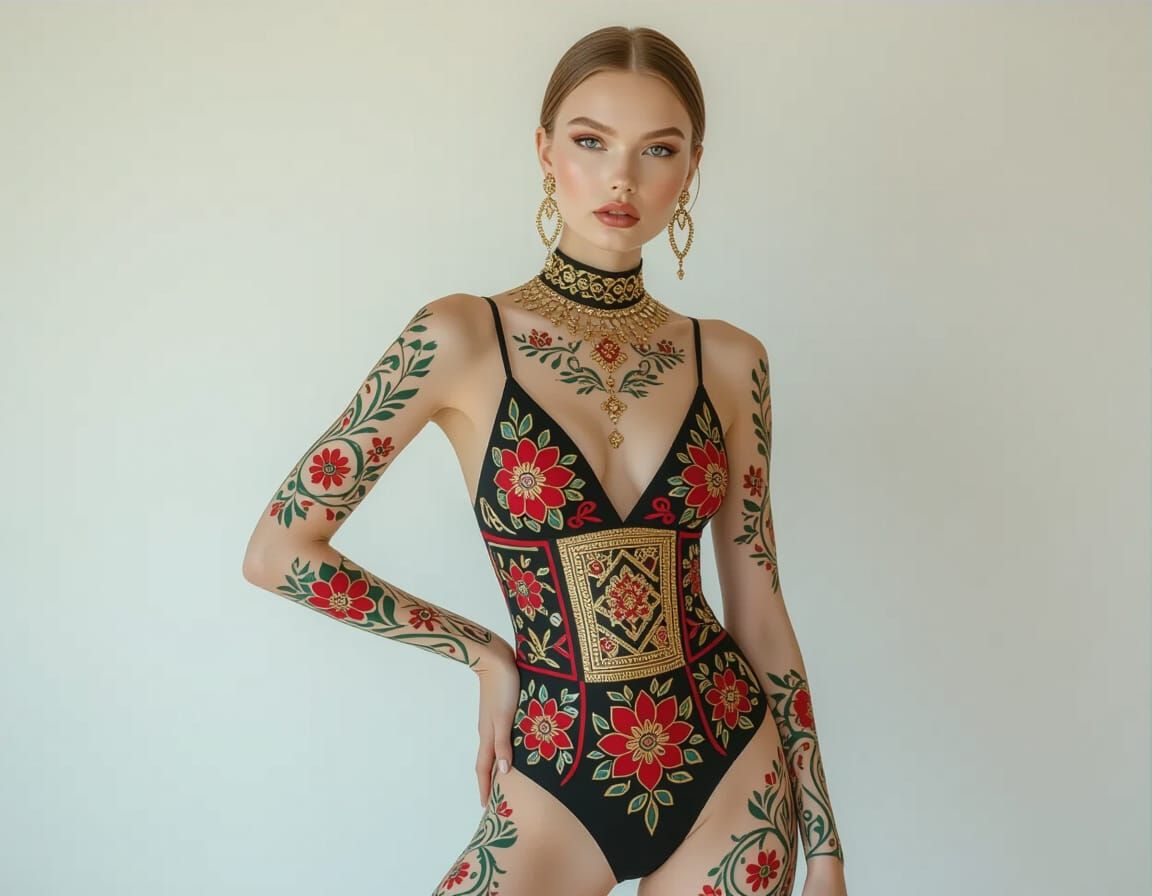 Slavic Model with Body Art in Photorealistic Style