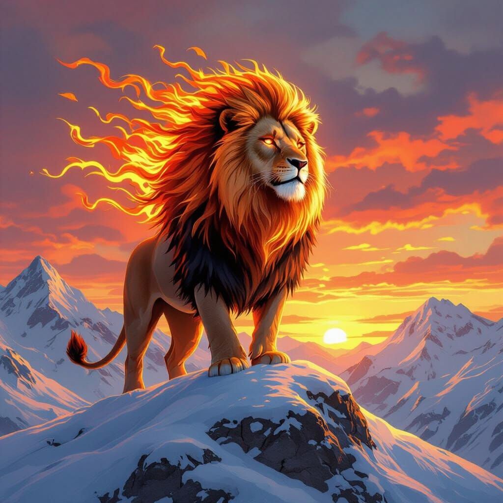 Fiery Lion on Snowy Peak at Sunset