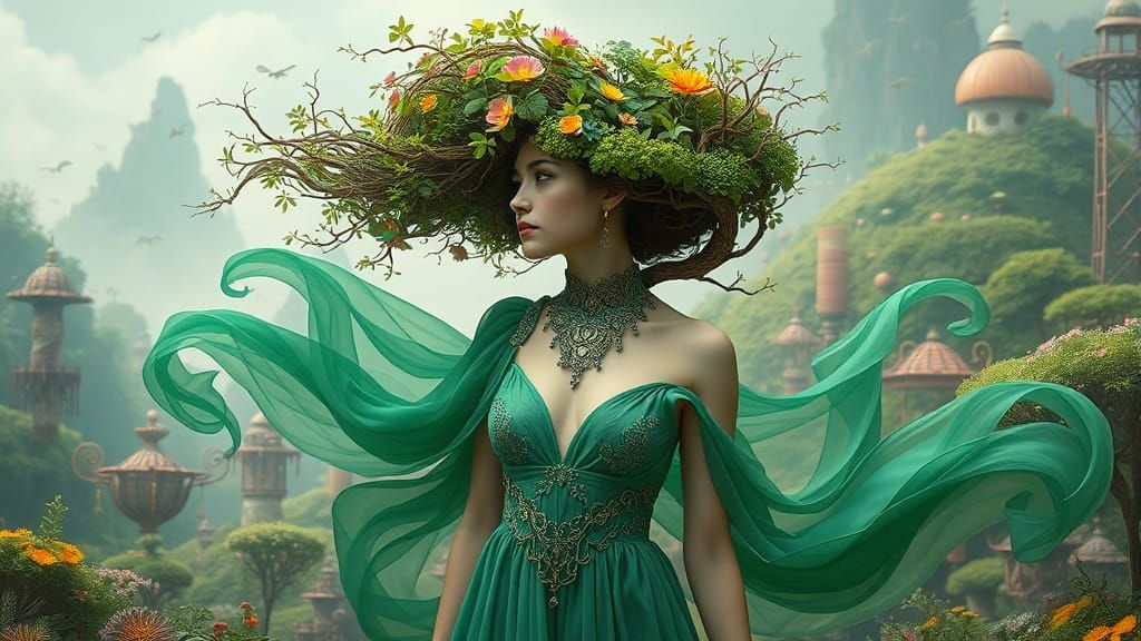 Emerald Goddess in Dreamlike Rainforest Landscape