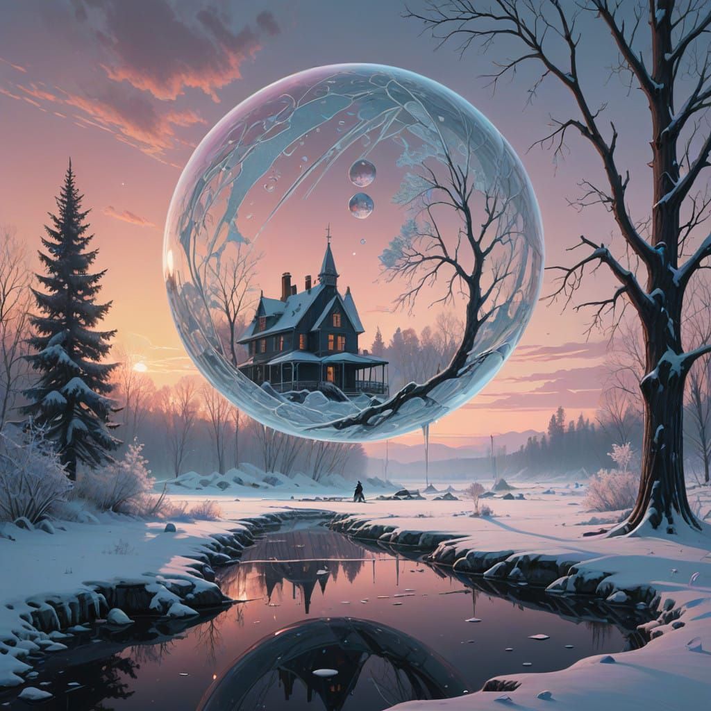 Ethereal Bubble House in a Frosty, Golden Sunset