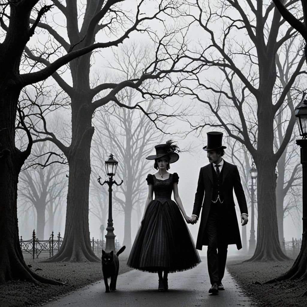 Quirky Gothic Couple Strolls Through Haunted Misty Park