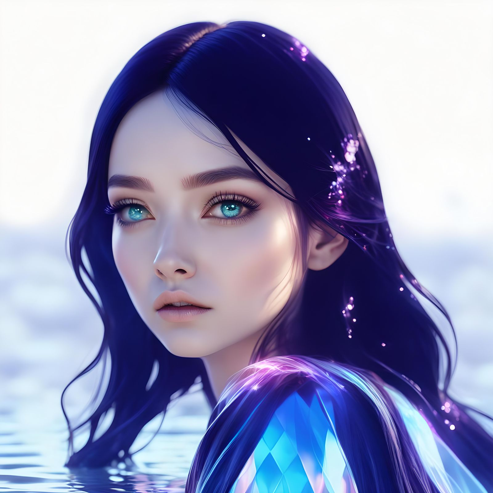 Ethereal water Nymph with long wavy jet black hair and luring purple eyes& small perky nose and Full lips& oval shaped f...