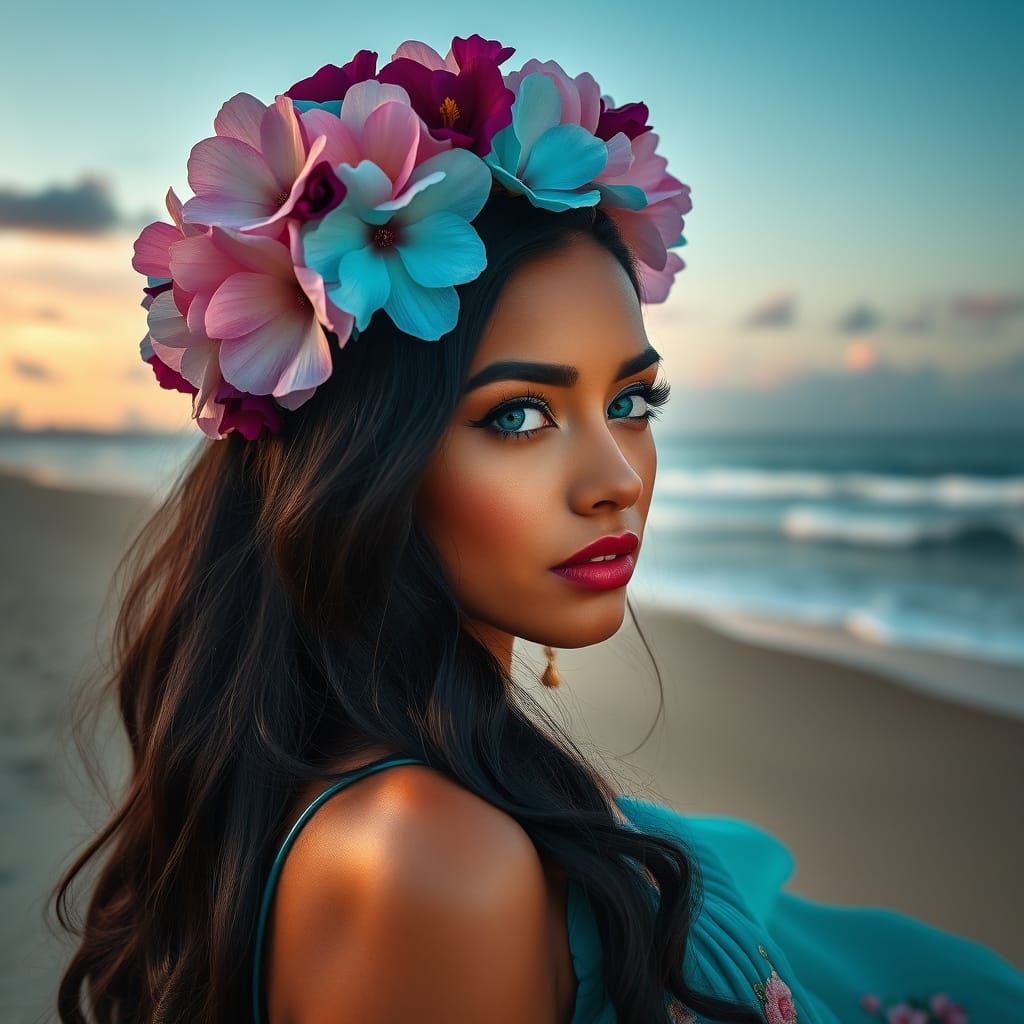 Beautiful woman with long, black hair. She wears a floral cr...