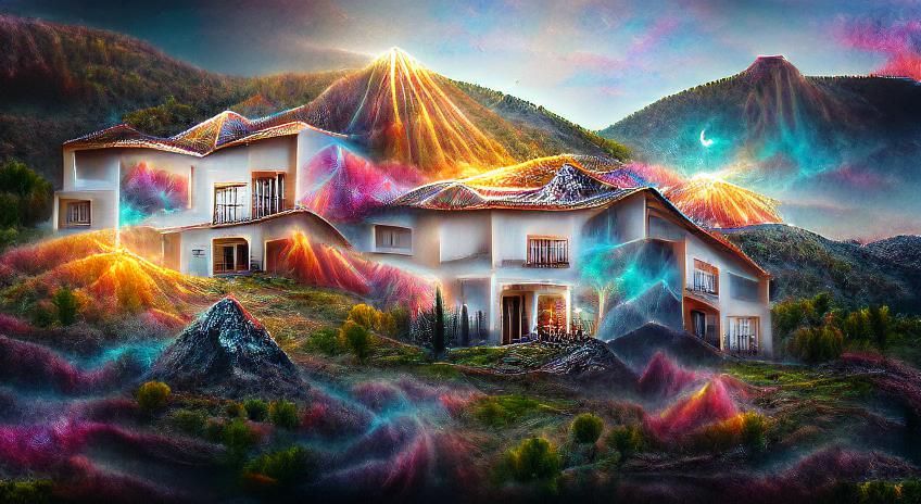 Astral Sunrise Over Mountain House in Mixed Media
