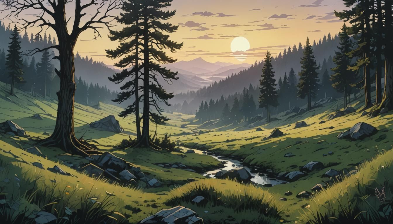 Valley Meadow at Dusk: Retro Digital Illustration