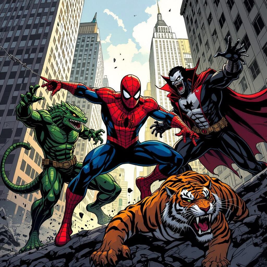 Spiderman Battles Lizard, Vampire, and Tiger Man in City