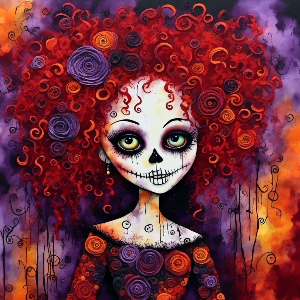haute couture  mummy doll, massive curly red hair, macabre e...