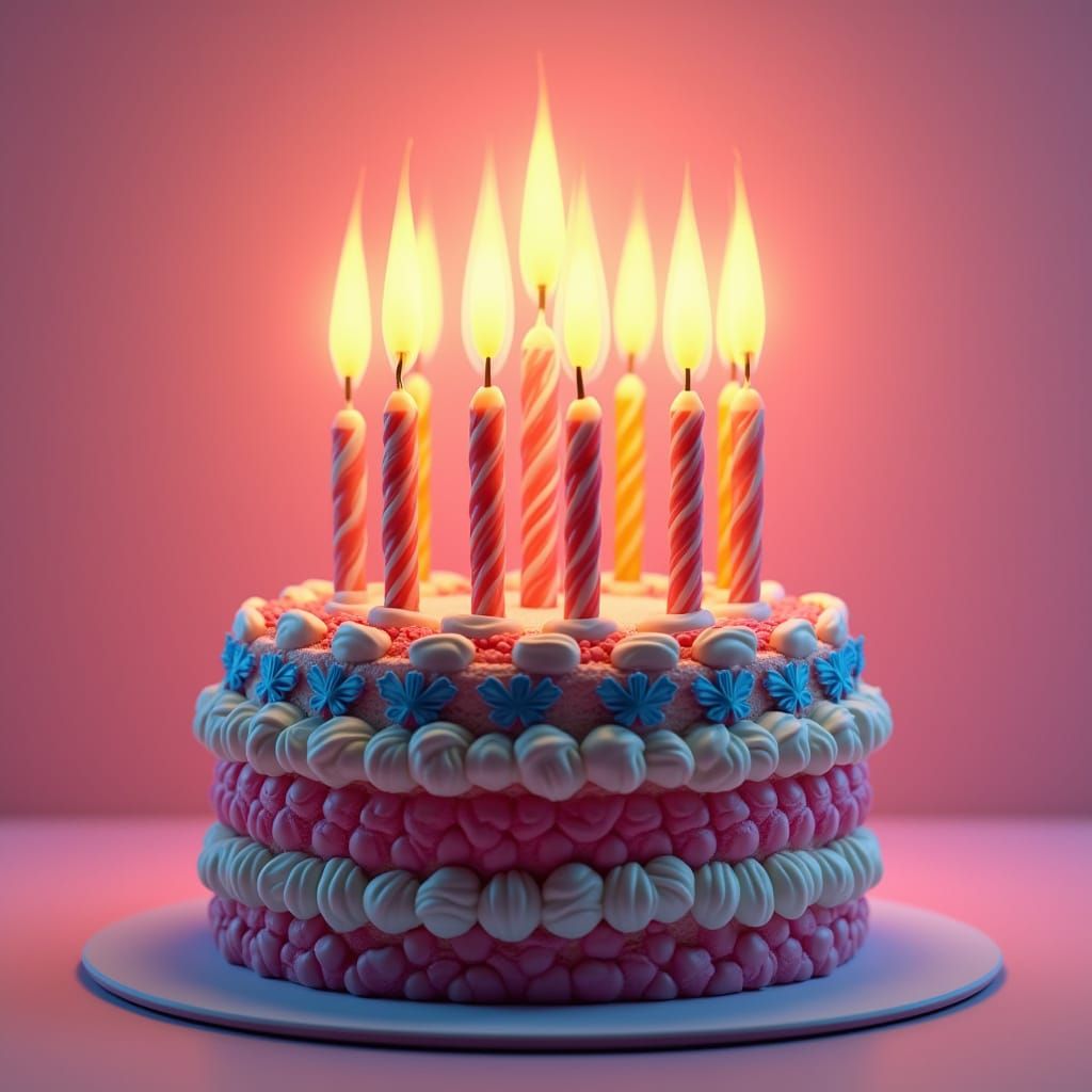 Vibrant Birthday Cake with Candles in 3D Digital Art