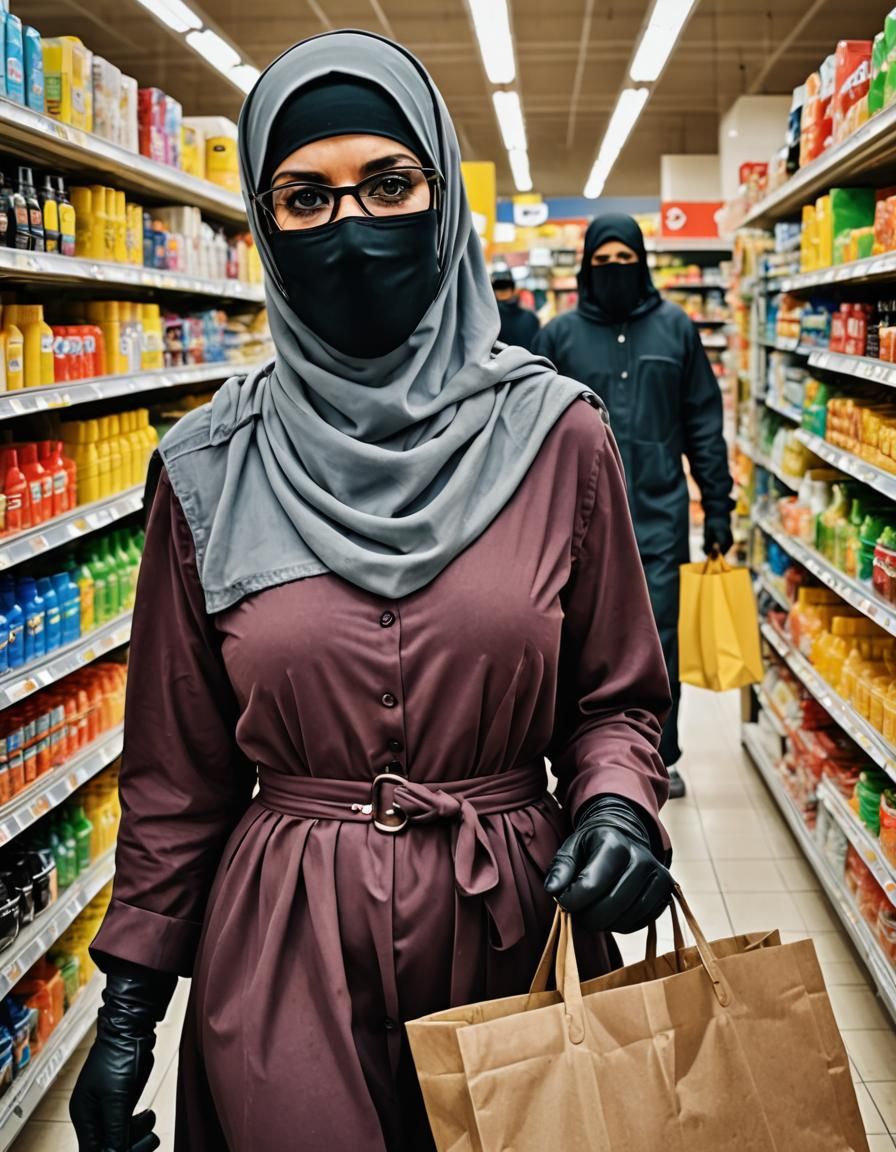 Woman in Niqab Shopping in Supermarket, Pop Art