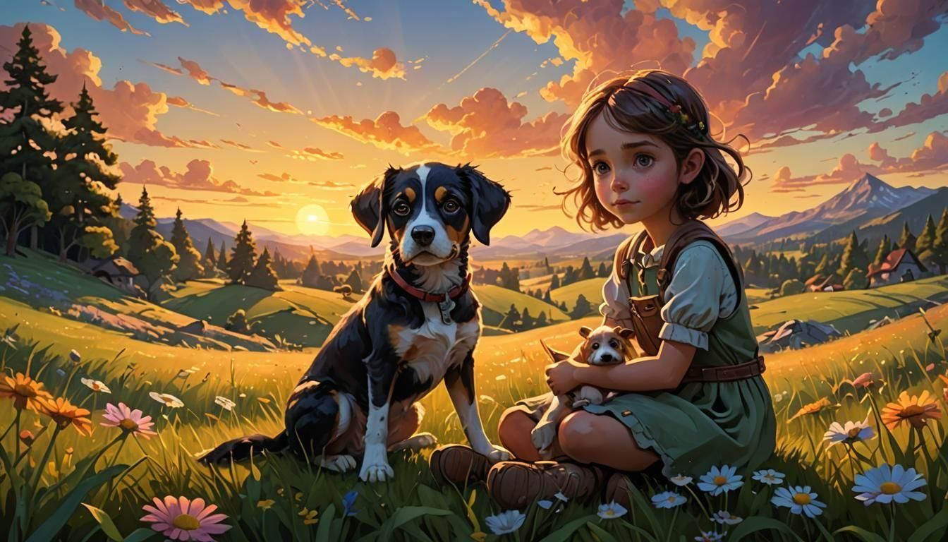 Whimsical Kid Illustration of Girl and Dog at Sunset