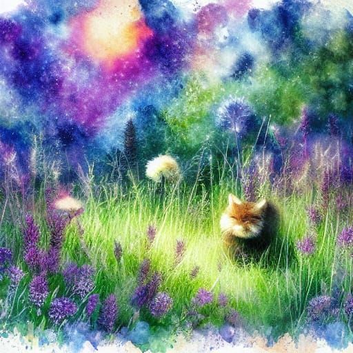 Cats Playing in Garden: Watercolor Illustration