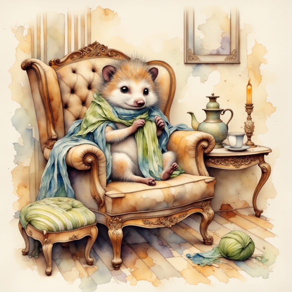 Anthropomorphic Hedgehog Knitting in Victorian Armchair