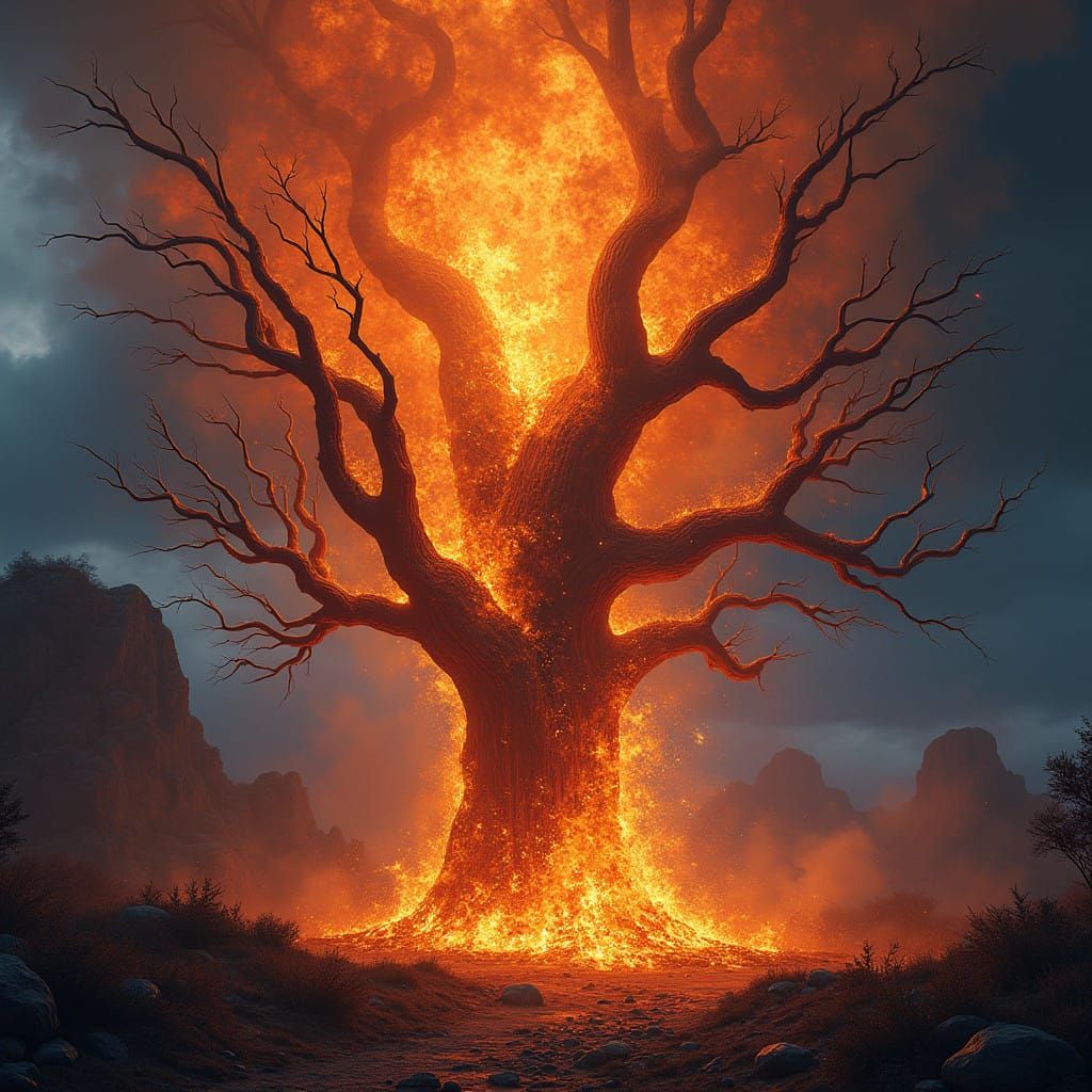 Vibrant Inferno of Ancient Tree Roots in a Dreamscape of Dee...
