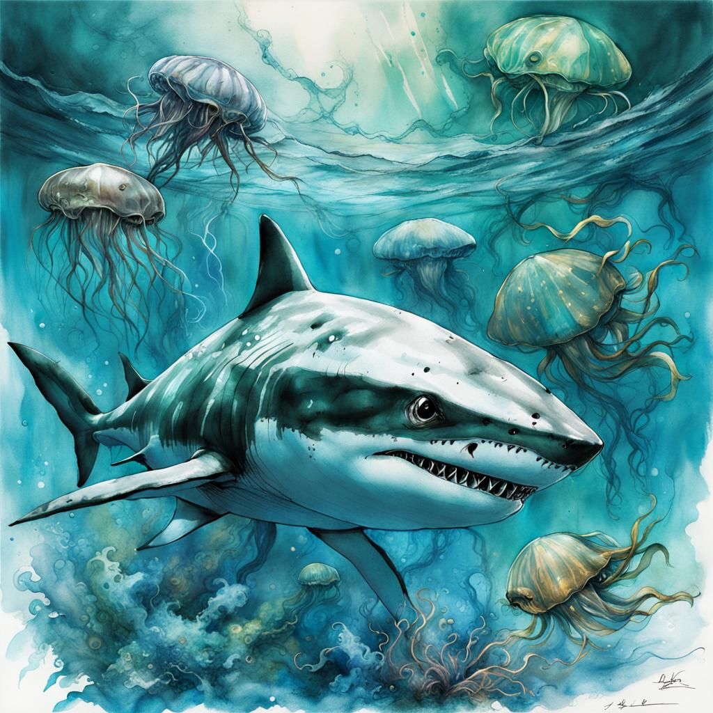 Biopunk Shark and Jellyfish in the Sea