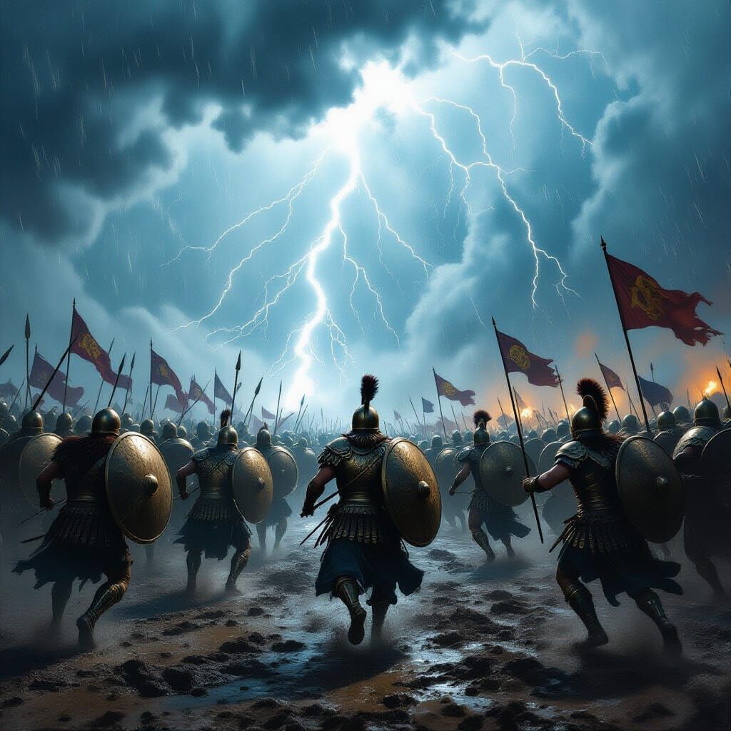 Epic Battle Painting: Philistines Fleeing Supernatural Storm