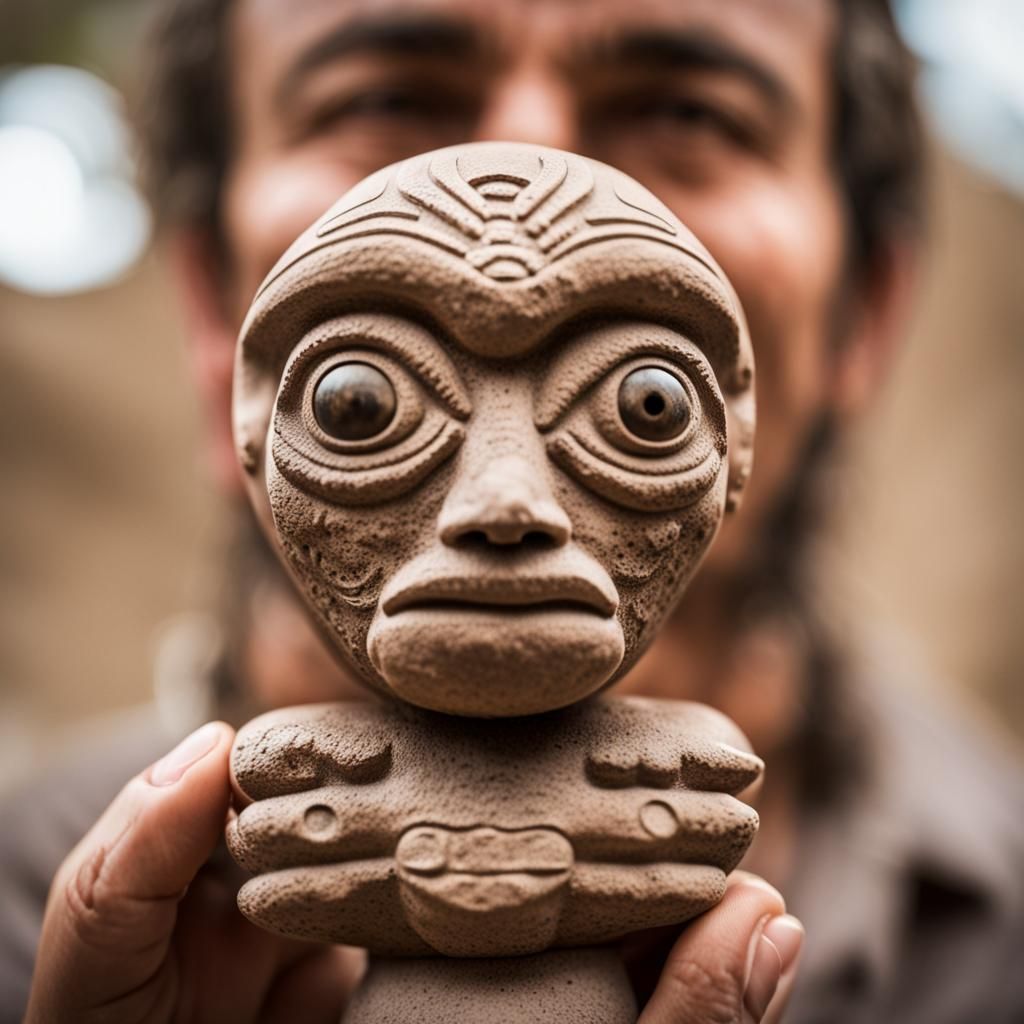 Aztec Alien Sculpture Held by Archeologist