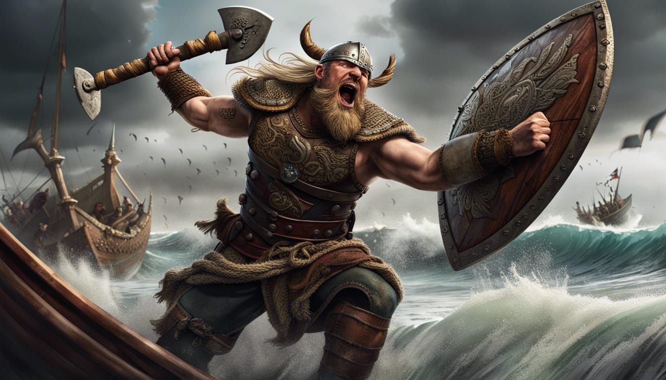 Armored Viking Leaping from Longship in Hyperreal Style