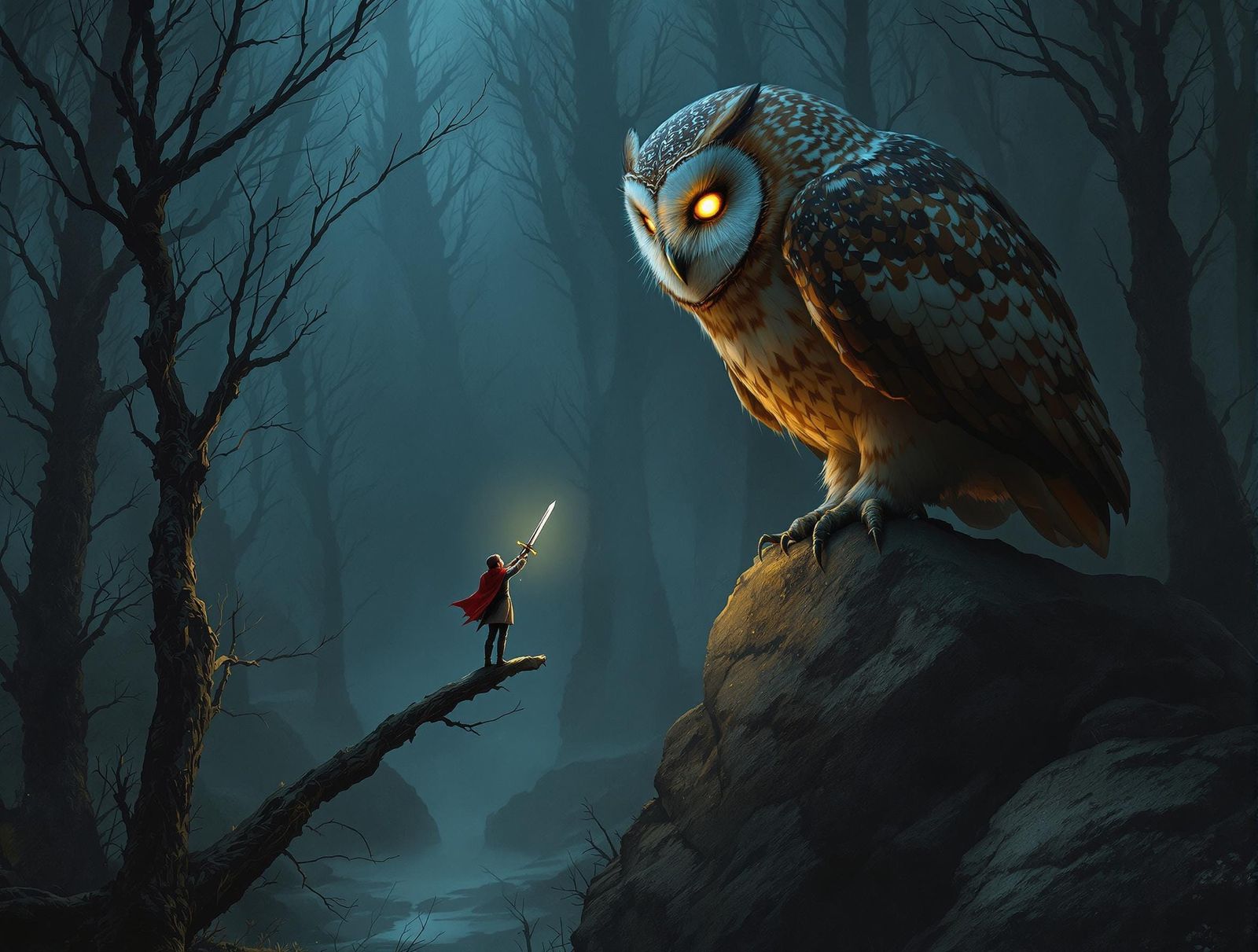 Surreal Forest: Tiny Person and Giant Barn Owl