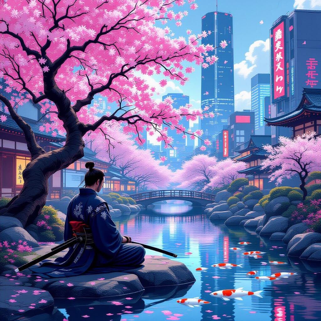 Samurai Meditates in Cyberpunk Japanese Garden