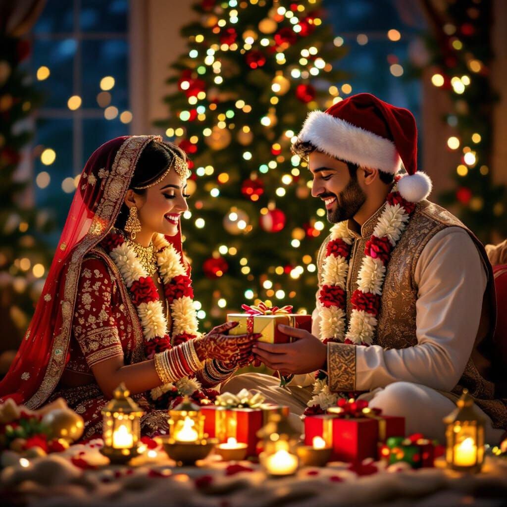 Multicultural Couple Celebrates Christmas and Diwali