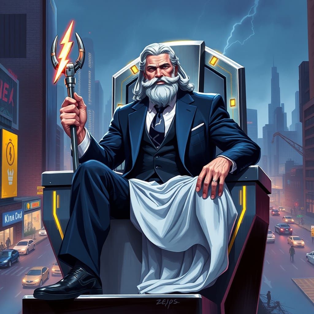 Modern Zeus on Throne in Cyberpunk Cityscape