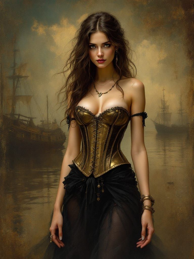 Pirate Woman in Gold Corset Awaiting Docking Ship at Dusk