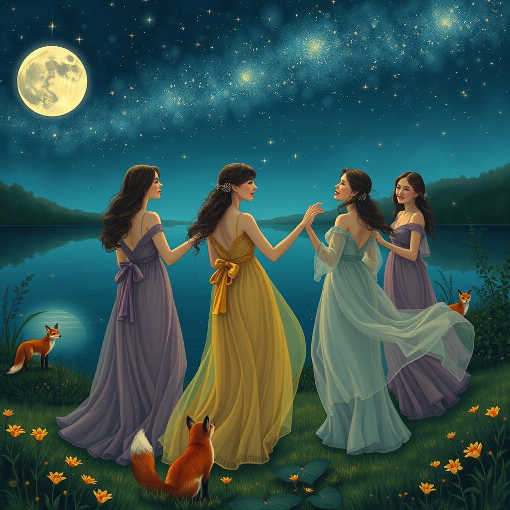 Women Dancing by Starry Lake under Ethereal Moonlight