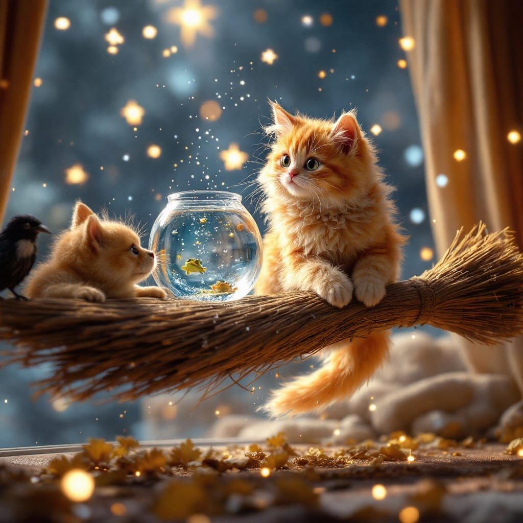 Whimsical Witch Rides Broomstick Through Starlit Night