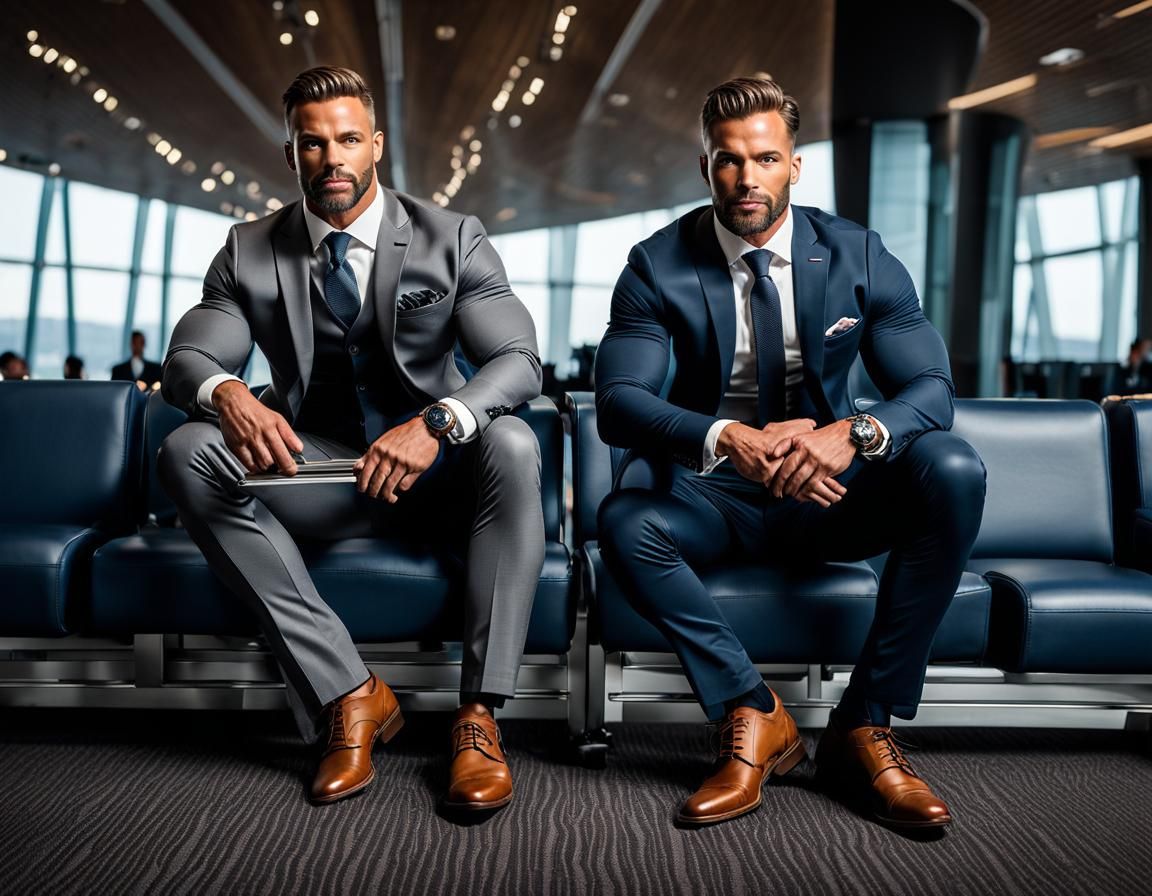 Muscular Bodybuilders in Airport Lounge: Detailed Matte Pain...