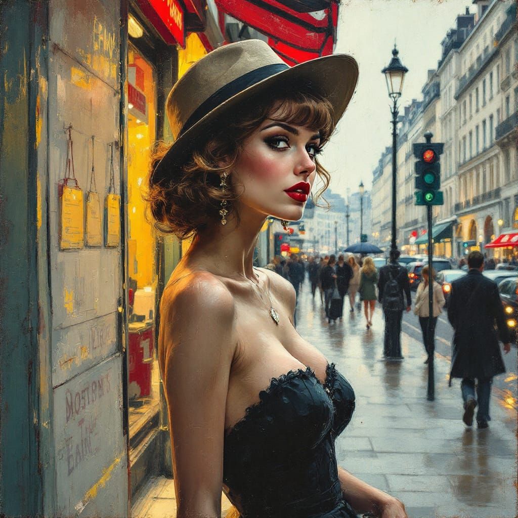 Impressionist Pin-Up in Parisian Rain with Wax Texture