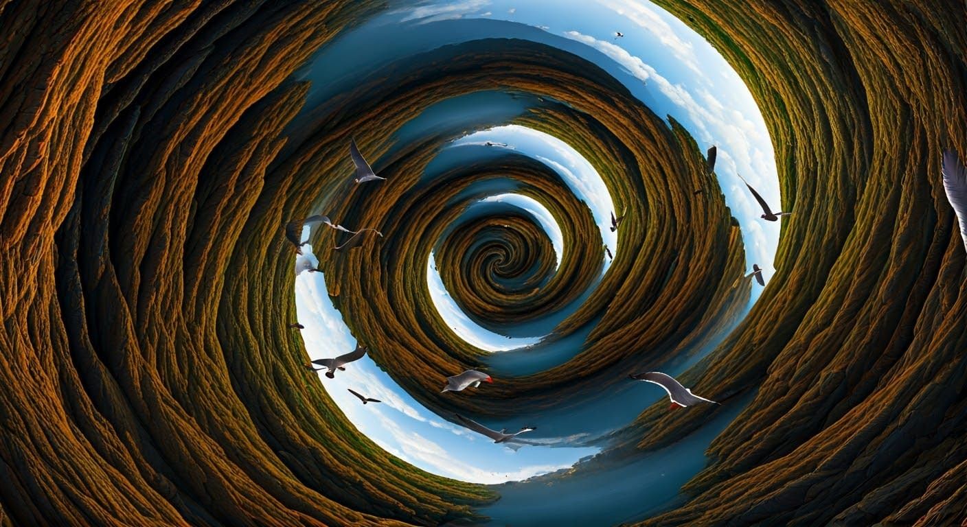 Seagulls Soaring in Surreal Abstract Landscape