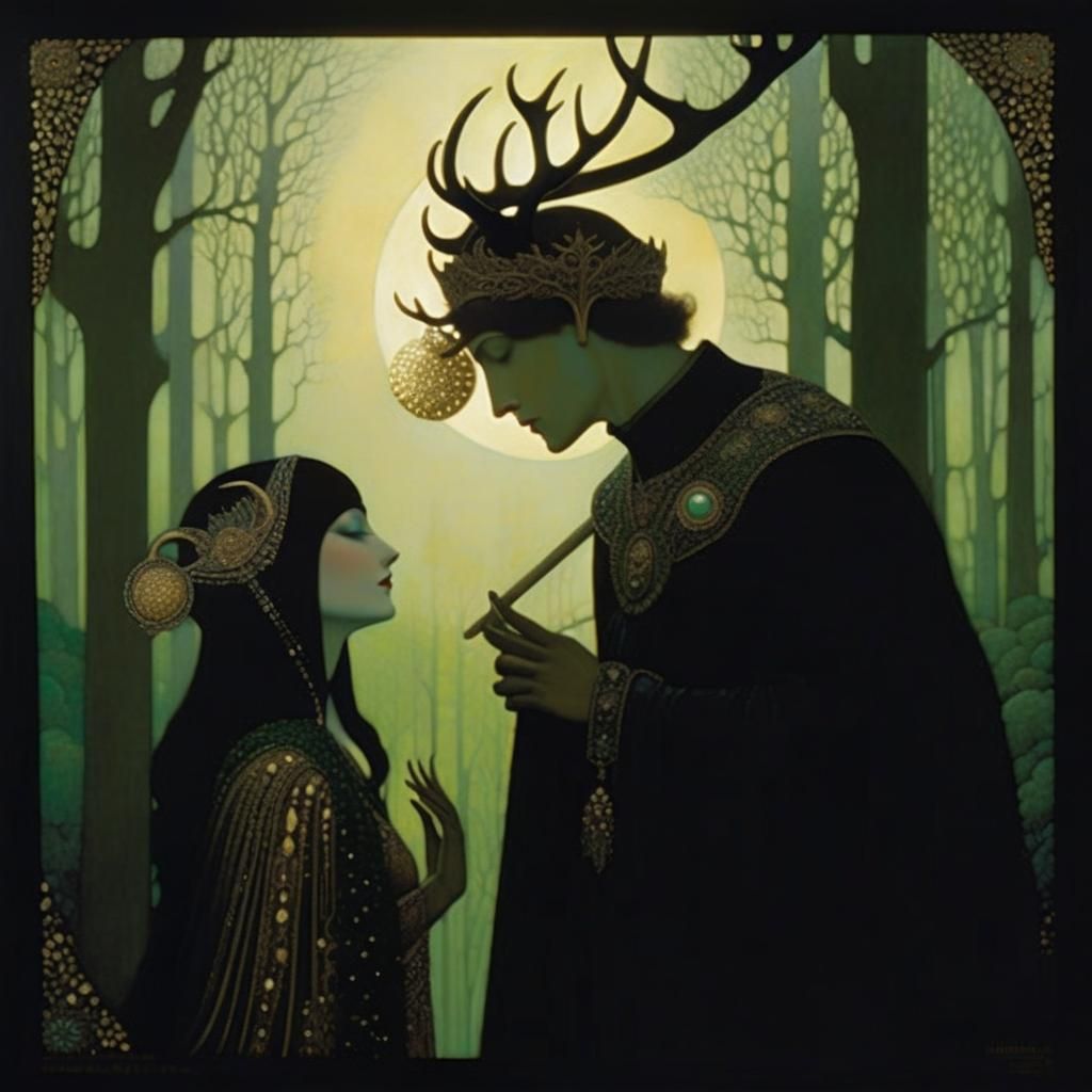 Sun and Moon Sky with Stag Antlers in Woods