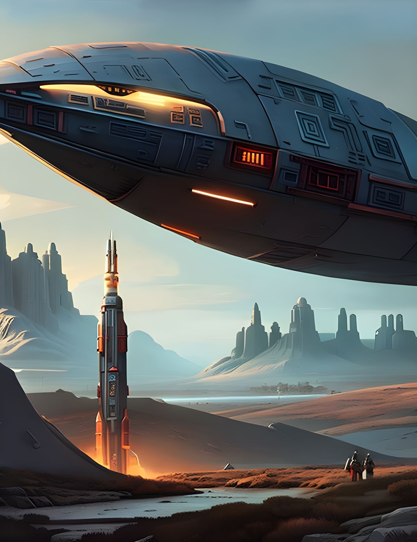 Elaborate Sci-Fi Spaceship Over Beautiful Planet in Hyperrea...